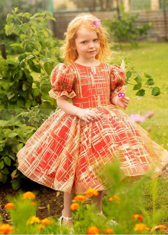Gold And Red Puffy Corset Back Flower Girl Dress